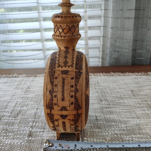 Bulgarian Wooden Bottle Pyrography Flask Wood Burned Graphics VTG Decanter 9.25" - Picture 8 of 9